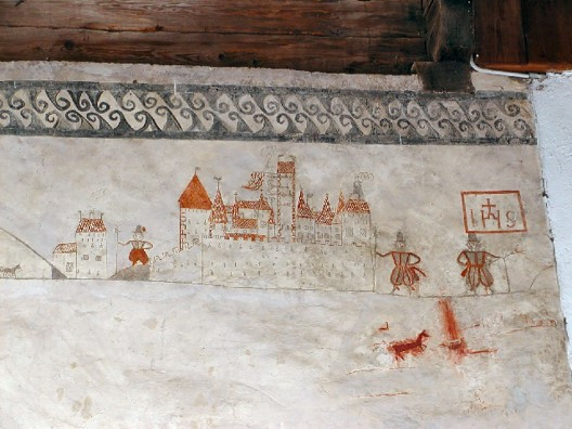 Detail des Freskos an der Fassade